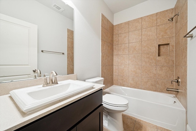 bathroom with tile patterned flooring, vanity, toilet, shower / washtub combination, and visible vents