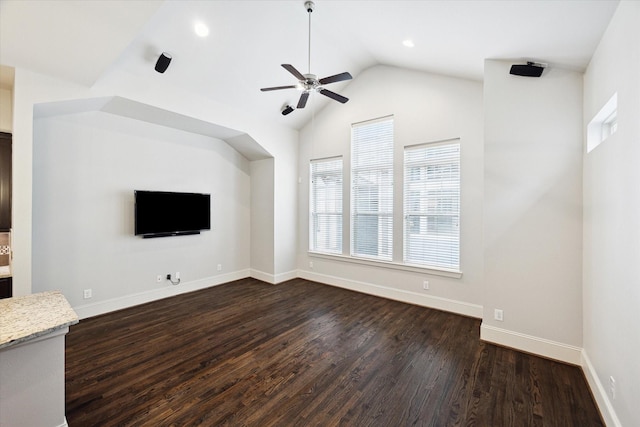 unfurnished living room featuring dark wood-style flooring, ceiling fan, recessed lighting, baseboards, and vaulted ceiling
