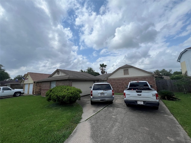 view of property exterior with an attached garage, concrete driveway, a yard, and brick siding