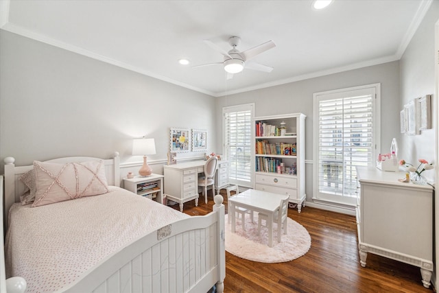 6224 Overbrook Ln, Houston, TX 77057 - bedroom with crown molding, recessed lighting, a ceiling fan, and dark wood-style floors