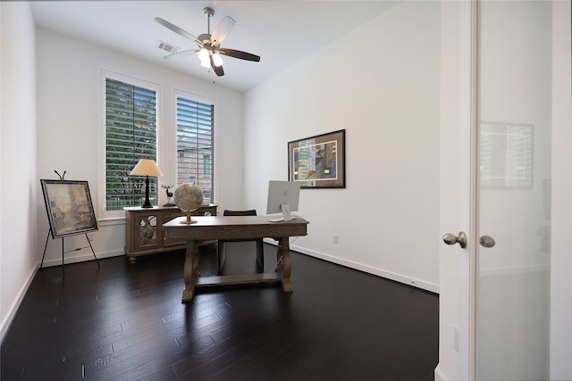 home office with ceiling fan, visible vents, dark wood-style floors, and baseboards