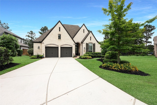 french country home with a garage, a front lawn, a shingled roof, and concrete driveway