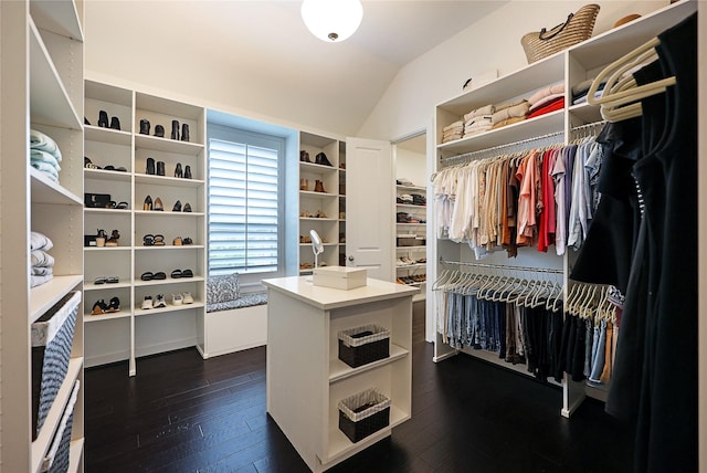 walk in closet with vaulted ceiling and dark wood-type flooring