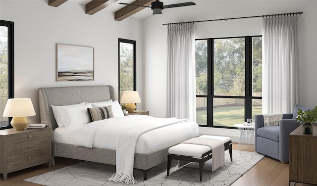 bedroom with beamed ceiling, a ceiling fan, and light wood-style flooring