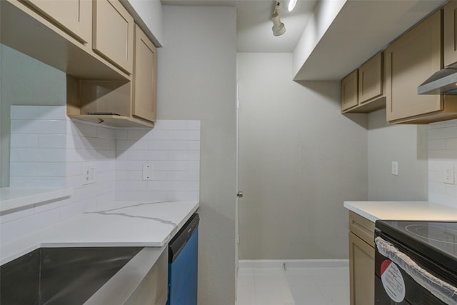 kitchen with dishwasher, baseboards, wall chimney exhaust hood, electric stove, and backsplash