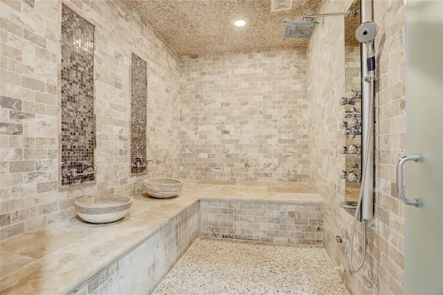 full bathroom with a stall shower and recessed lighting