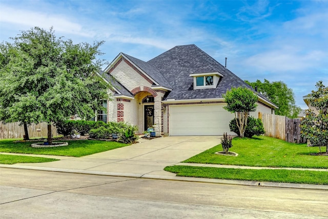 view of front of property featuring fence, roof with shingles, a front lawn, brick siding, and driveway