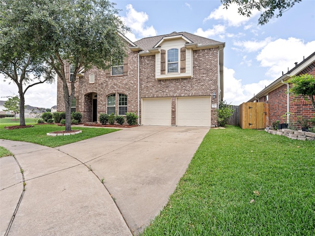 traditional-style house featuring driveway, brick siding, fence, a front lawn, and an attached garage