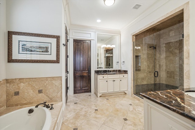 full bath with a garden tub, visible vents, vanity, tile patterned floors, and a stall shower