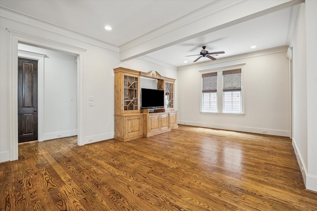 unfurnished living room with ornamental molding, wood finished floors, baseboards, ceiling fan, and recessed lighting