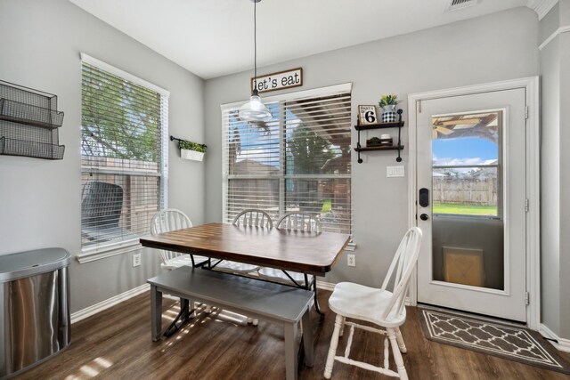 dining space featuring baseboards, dark wood finished floors, and a wealth of natural light