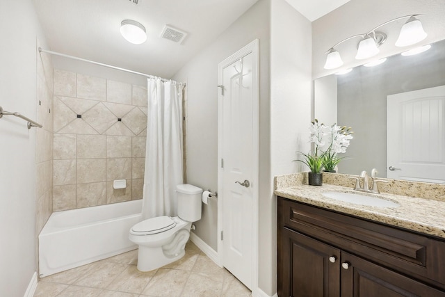 bathroom with shower / bath combination with curtain, visible vents, baseboards, vanity, and toilet