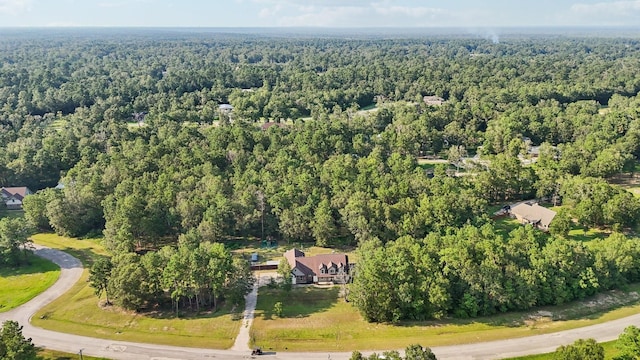 bird's eye view with a wooded view