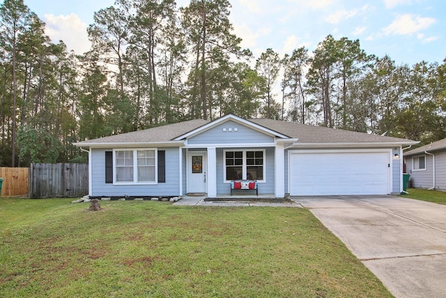 21894 Pinewilde Ct, Porter, TX 77365 - ranch-style house with a garage, a front lawn, fence, concrete driveway, and a porch