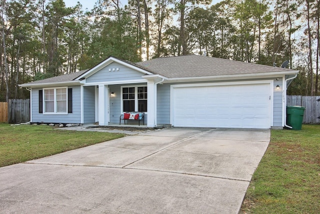 21894 Pinewilde Ct, Porter, TX 77365 - ranch-style house with covered porch, driveway, a front yard, fence, and an attached garage