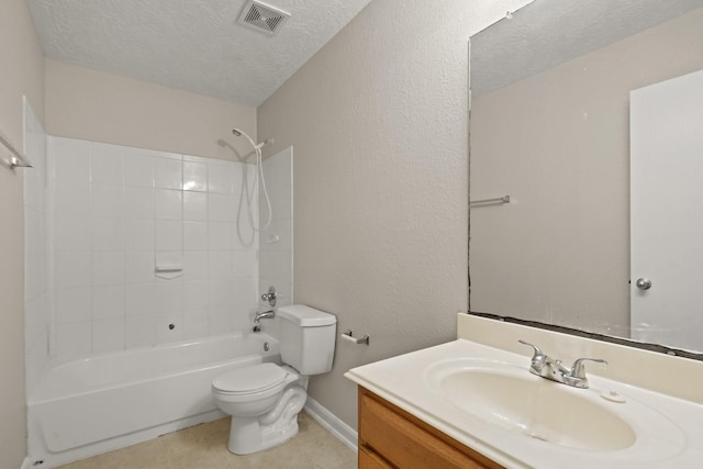 full bath featuring visible vents, tile patterned flooring, vanity, toilet, and a textured ceiling