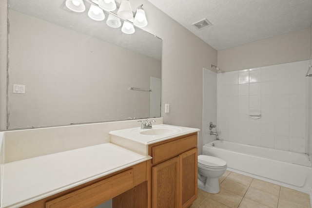 bathroom featuring tile patterned flooring, vanity, toilet,  shower combination, and visible vents