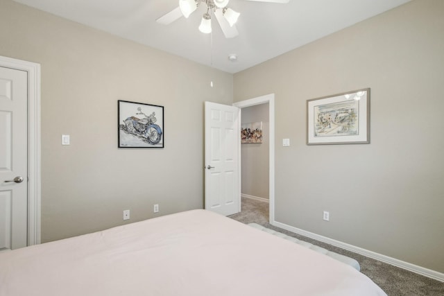 bedroom featuring baseboards, carpet flooring, and ceiling fan