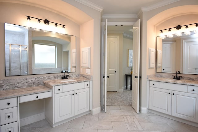 19019 Kimber Creek Ln, Cypress, TX 77429 - bathroom featuring ornamental molding, a shower stall, two vanities, and baseboards