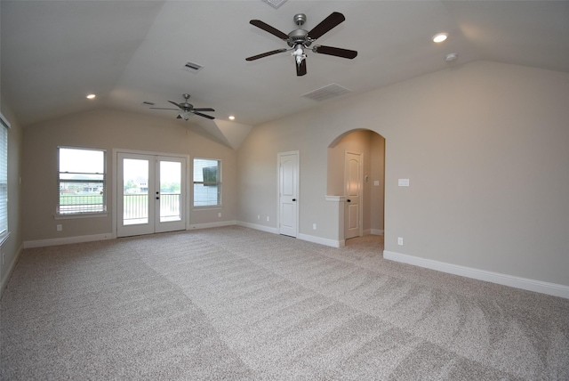 19019 Kimber Creek Ln, Cypress, TX 77429 - unfurnished room with lofted ceiling, a ceiling fan, recessed lighting, arched walkways, and light colored carpet