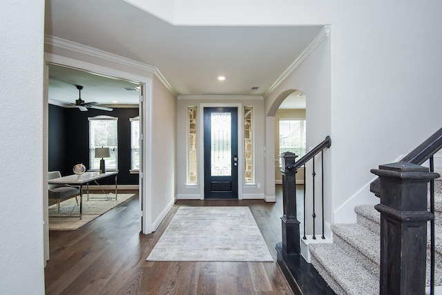 19019 Kimber Creek Ln, Cypress, TX 77429 - entrance foyer featuring dark wood-style flooring, plenty of natural light, ornamental molding, stairway, and recessed lighting