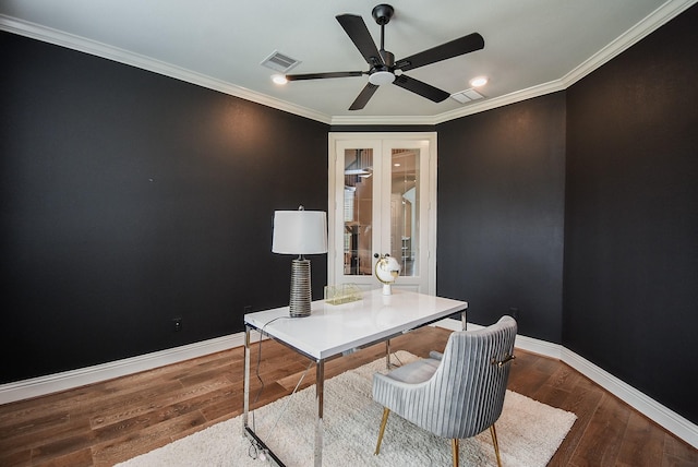 19019 Kimber Creek Ln, Cypress, TX 77429 - office space featuring baseboards, wood finished floors, ceiling fan, ornamental molding, and recessed lighting