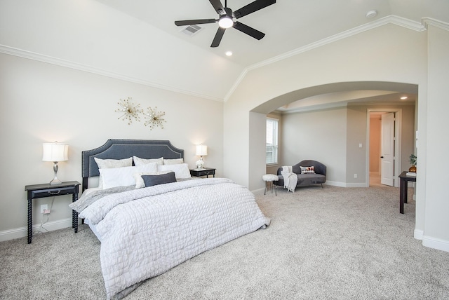 19019 Kimber Creek Ln, Cypress, TX 77429 - carpeted bedroom featuring arched walkways, vaulted ceiling, baseboards, crown molding, and ceiling fan
