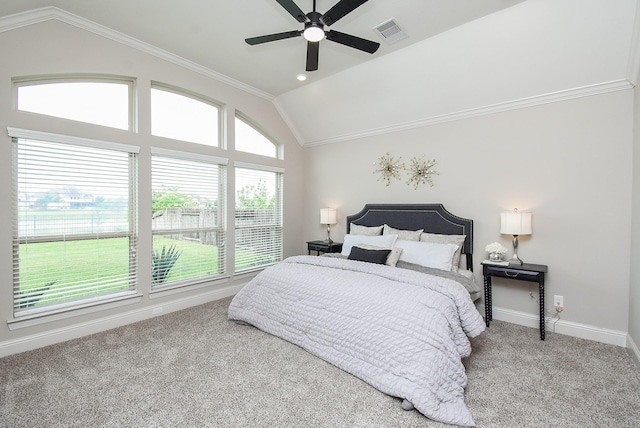 19019 Kimber Creek Ln, Cypress, TX 77429 - bedroom featuring vaulted ceiling, carpet, baseboards, crown molding, and a ceiling fan