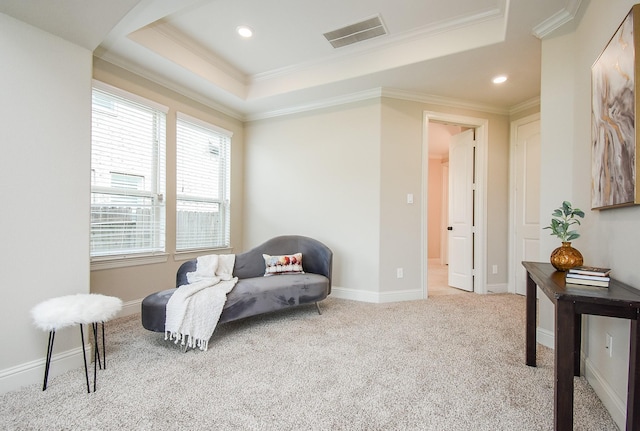 19019 Kimber Creek Ln, Cypress, TX 77429 - sitting room with crown molding, light colored carpet, a tray ceiling, recessed lighting, and baseboards