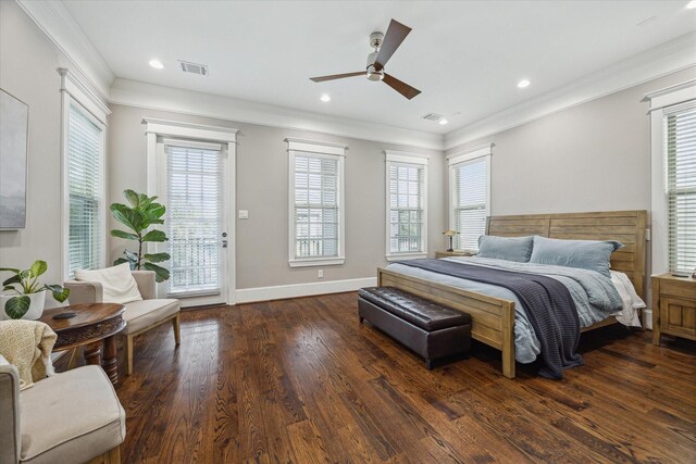 bedroom with crown molding, access to exterior, wood finished floors, and visible vents