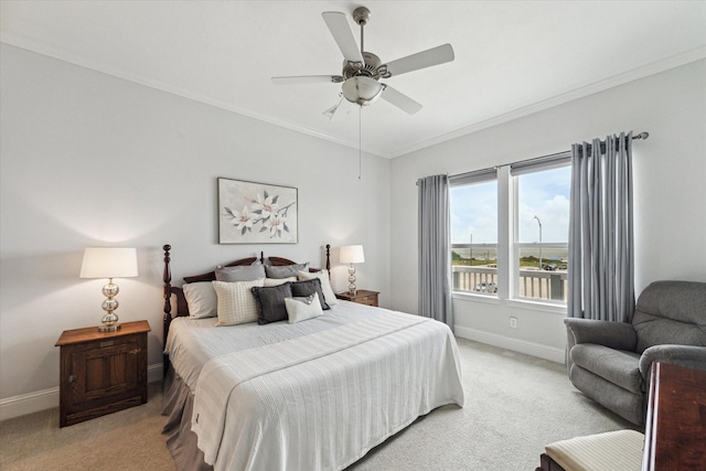 bedroom with crown molding, baseboards, a ceiling fan, and light colored carpet