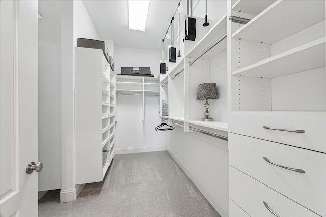 walk in closet with light carpet