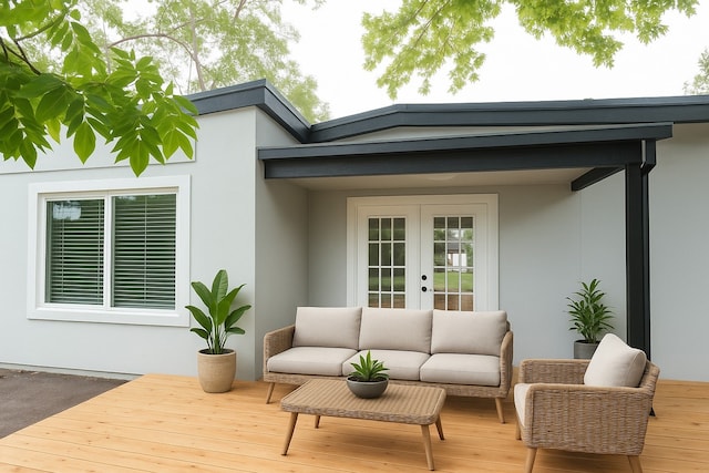 deck featuring an outdoor living space and french doors