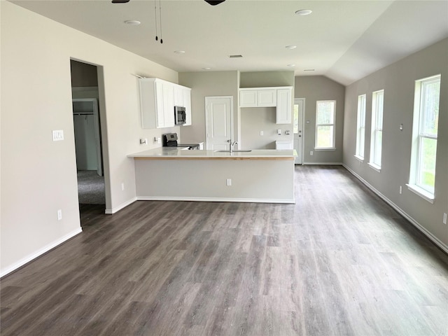 1563 Belton Ln, Anahuac, TX 77514 - kitchen with appliances with stainless steel finishes, a sink, a peninsula, white cabinetry, and dark wood finished floors