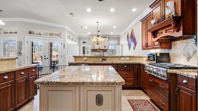12722 Longmire Way, Conroe, TX 77304 - kitchen with a sink, stainless steel appliances, backsplash, light tile patterned floors, and a peninsula
