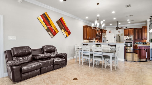 12722 Longmire Way, Conroe, TX 77304 - living room featuring ornamental molding, a ceiling fan, recessed lighting, a chandelier, and baseboards