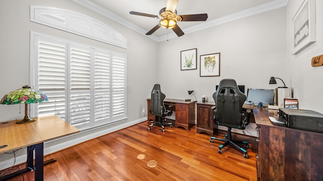 12722 Longmire Way, Conroe, TX 77304 - office featuring a ceiling fan, ornamental molding, wood finished floors, and baseboards