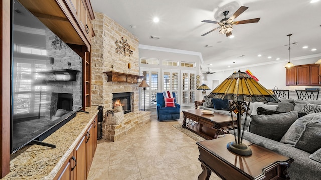 12722 Longmire Way, Conroe, TX 77304 - living room with a fireplace, a ceiling fan, crown molding, light tile patterned floors, and recessed lighting