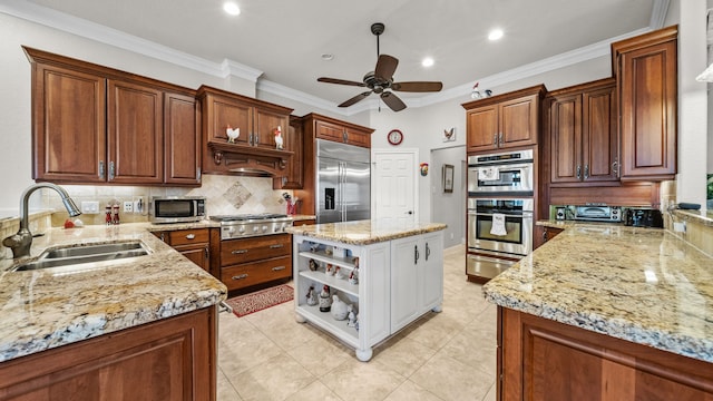 12722 Longmire Way, Conroe, TX 77304 - kitchen with stainless steel appliances, a sink, a warming drawer, open shelves, and a ceiling fan
