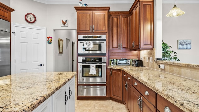 12722 Longmire Way, Conroe, TX 77304 - kitchen with a warming drawer, stainless steel appliances, ornamental molding, decorative backsplash, and light stone counters