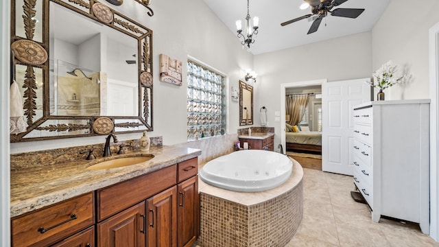 12722 Longmire Way, Conroe, TX 77304 - full bathroom featuring two vanities, a whirlpool tub, a tile shower, a ceiling fan, and tile patterned floors