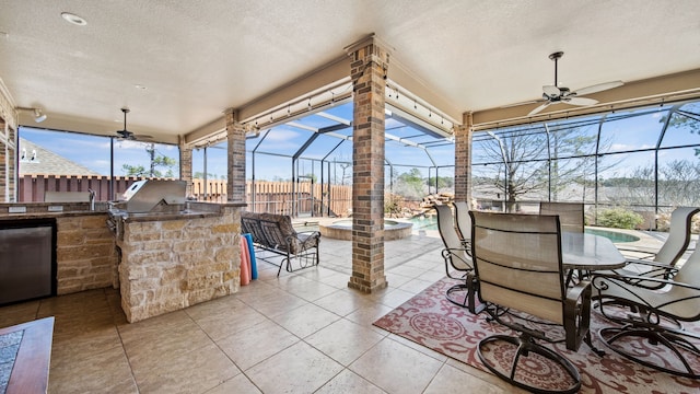 12722 Longmire Way, Conroe, TX 77304 - fenced backyard with a patio area, a ceiling fan, a lanai, and an outdoor pool