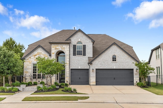 french country home featuring roof with shingles, fence, stone siding, brick siding, and concrete driveway