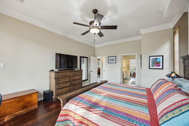 bedroom with crown molding, a ceiling fan, baseboards, and wood finished floors