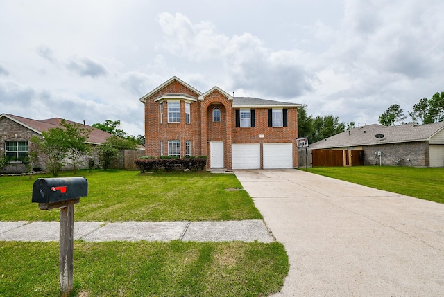 traditional home featuring driveway, a front yard, a garage, brick siding, and fence