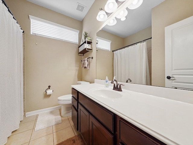bathroom featuring visible vents, tile patterned flooring, toilet, and vanity