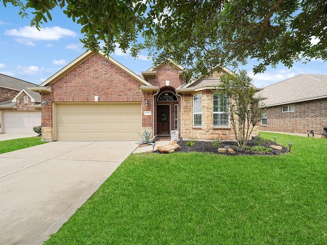 single story home with a garage, a front lawn, stone siding, brick siding, and driveway