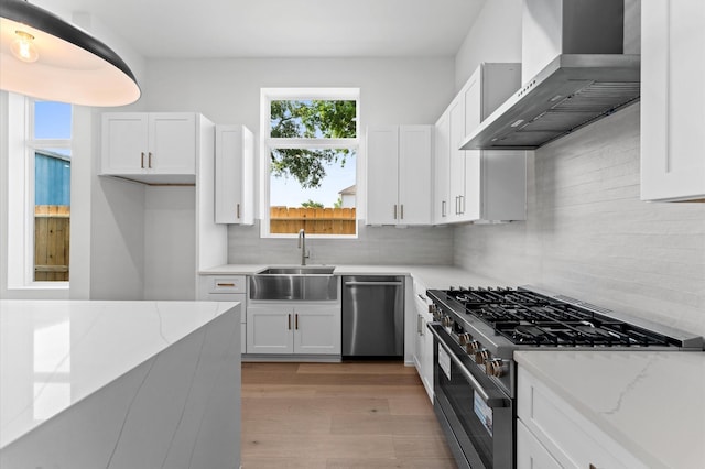 kitchen featuring stainless steel appliances, a wealth of natural light, a sink, and wall chimney exhaust hood