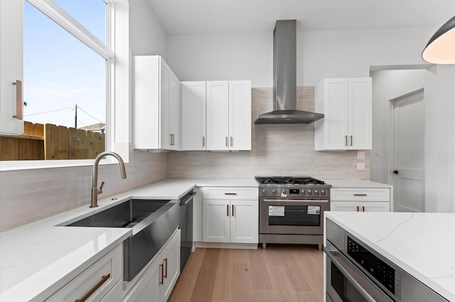 kitchen with decorative backsplash, ventilation hood, white cabinets, a sink, and appliances with stainless steel finishes
