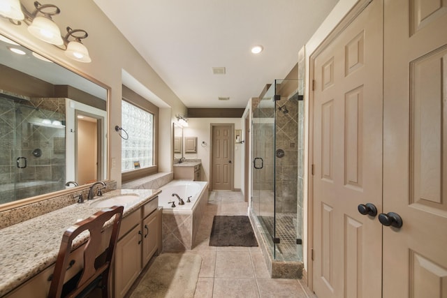 full bathroom with vanity, tile patterned flooring, a shower stall, and a bath